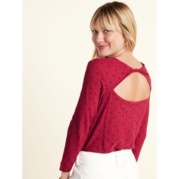 Maternity Slub-Knit Open Twist-Back 3/4-Sleeve Top Red Polka Dots Small - Picture 1 of 3